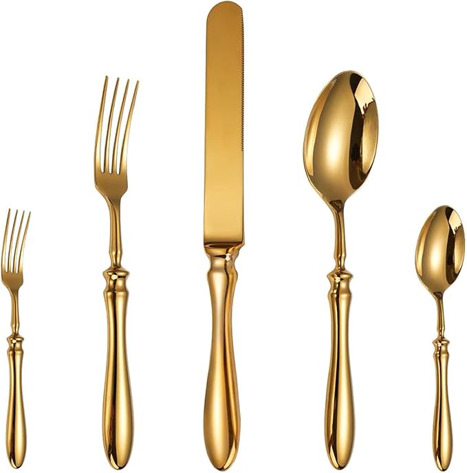 5-Piece Gold Silverware Cutlery Set for 1 Flatware Luxury German Gold Utensil Sets 18/8 Stainless Steel Cutlery Set for Kitchen Include Fork Spoon Tableware Fit Hotel Banquet Christmas Essentials