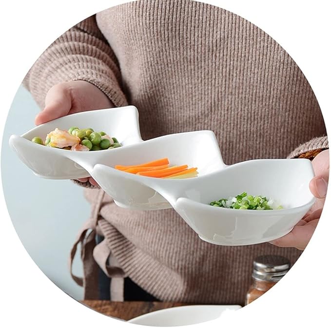 Condiment Tray 19 Oz Sauce Dish White Ceramic 3 Compartment Divided Appetizer Plates Soy Sauce Dipping Dishes Ketchup Vinegar Appetizer or Snack Dessert Condiments Dip Sets(11.02x5x1.57in)