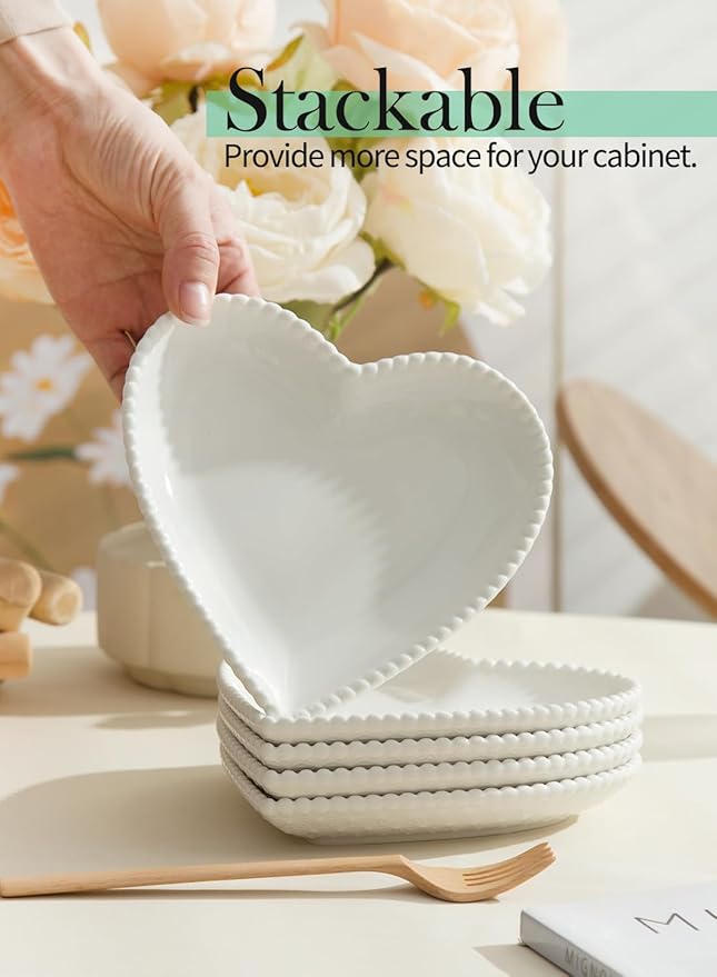 OMAYKEY 7.5 Inch Ceramic Dessert Plates Set of 10, Porcelain Salad Plates, Heart Shaped Appetizer Plates, Small Dinner Plates for Cake, Snack, Ice Cream, Microwave, Oven, Dishwasher Safe, White
