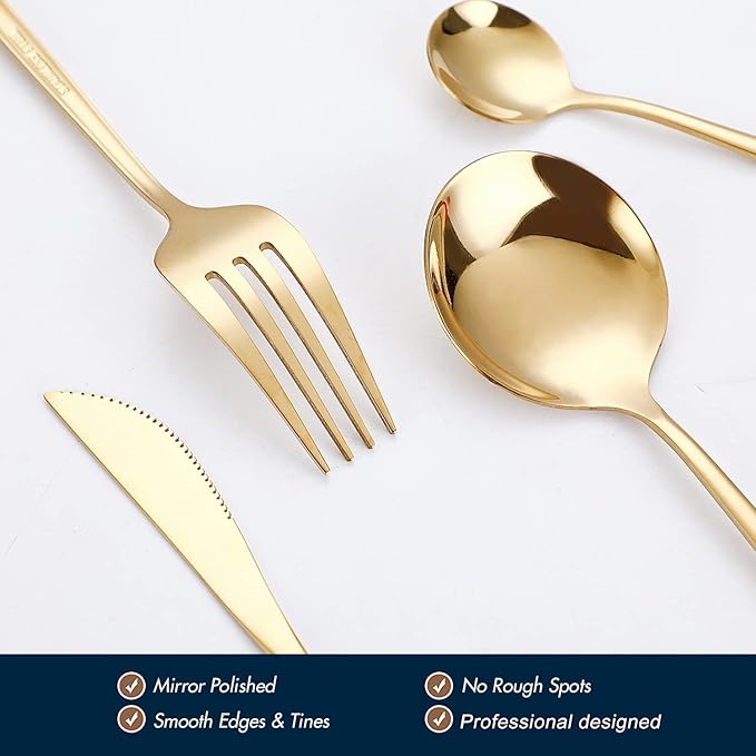 24-Piece Gold Silverware Set Gold Flatware Set for 6, Gold Spoons and Forks Set, Stainless Steel Gold Cutlery Set for Home Kitchen Restaurant Wedding, Mirror Polished Utensils Set, Dishwasher Safe