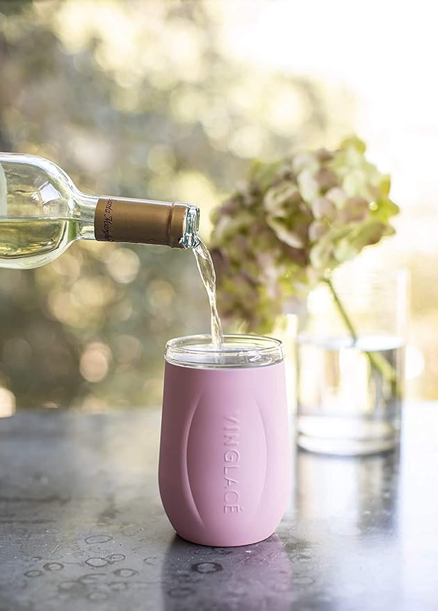 Vinglacé Wine Bottle Chiller Gift Set- Portable Stainless Steel Wine Cooler with 2 Stemless Wine Glasses, Rose