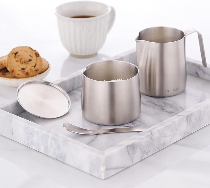 Easyworkz Stainless Steel Sugar bowl and Creamer Set, with Spoon and Anti-Drip Spout, Stackable Design, Brushed Silver