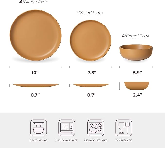 12-Piece Stoneware Dinnerware Set with Mugs | Microwave and Dishwasher Friendly | Stackable Matte Glaze Plates & Bowls | Service for 3 (Orange for 4)