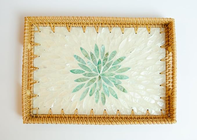 Magenta & Teal Decorative Rectangle Rattan Serving Tray 13x9 inch Mother of Pearl Inlay, Wicker Coffee Table Decor, Farmhouse (Silver Green Flower)