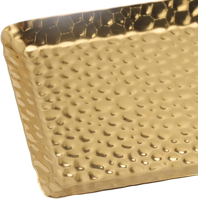 Stainless Steel Rectangle Tray, Gold Hammered Decorative Luxe Serving Platter and Platters for Appetizers, Desserts & Home to Hotel Decor ﻿