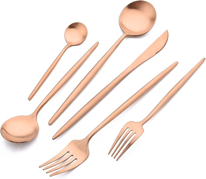 24Pcs Luxury Matte Black Flatware Set, 18/10 Stainless Steel Simple & Heavy Tableware Cutlery Set For Home Kitchen Wedding Restaurant Dinner, Service For 4 (Copper)