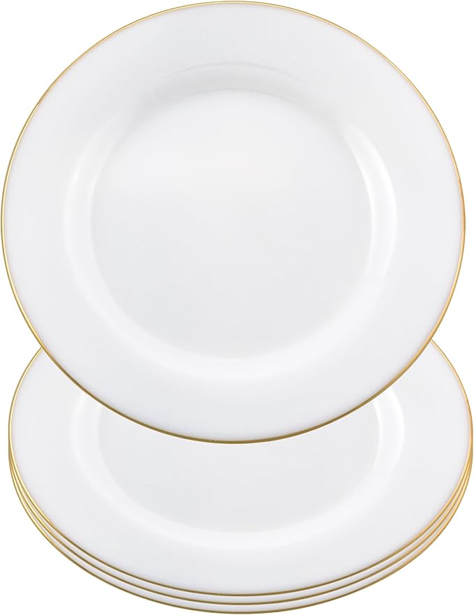 Barski Glass Dinner Plates – Set of 4, Plate is 7.75 "D – White with Gold Rim – Salad, Entrée & Dessert Plates – Elegant Glass Plate Set for Cake, Appetizers & Parties