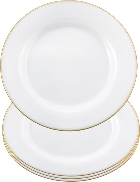 Barski Dinner Glass Plates – Set of 4 White Dinner Plates, 10" Diameter – White Plate with Gold Rim – Serve Main Courses, Everyday Dining, Family Meals, Parties & Special Occasions