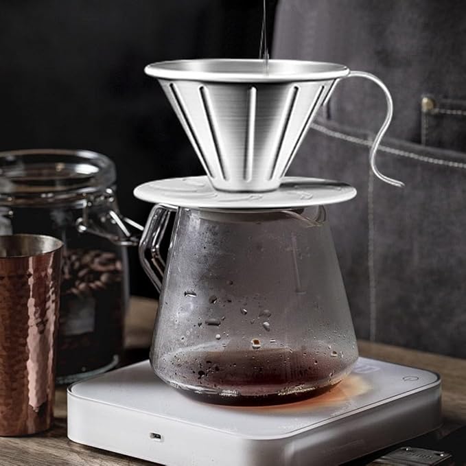 Stainless Steel Coffee Dripper with Holder, 304 Grade Filter Cup for Pour Over Coffee, Versatile Strainer for Home and Camping(S)