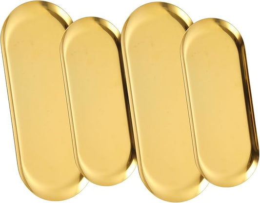 4PCS 304 Stainless Steel Serving Tray Set Gold Platters for Serving Food Large Metal Trays Decorative 12" 9” Long Plate Oval Storage Trays Thickened Serving Dishes for Party Buffet Sushi Snack