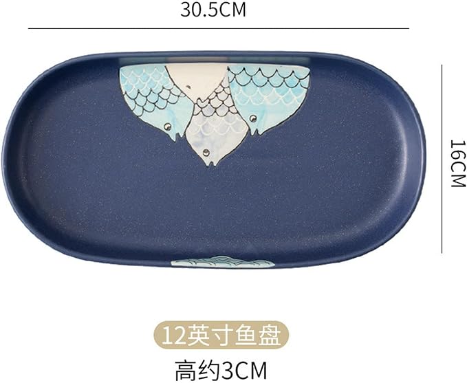Japanese minimalist home cute cartoon creative ceramic plate - 12 inch fish plate - with dots (blue fish joy)