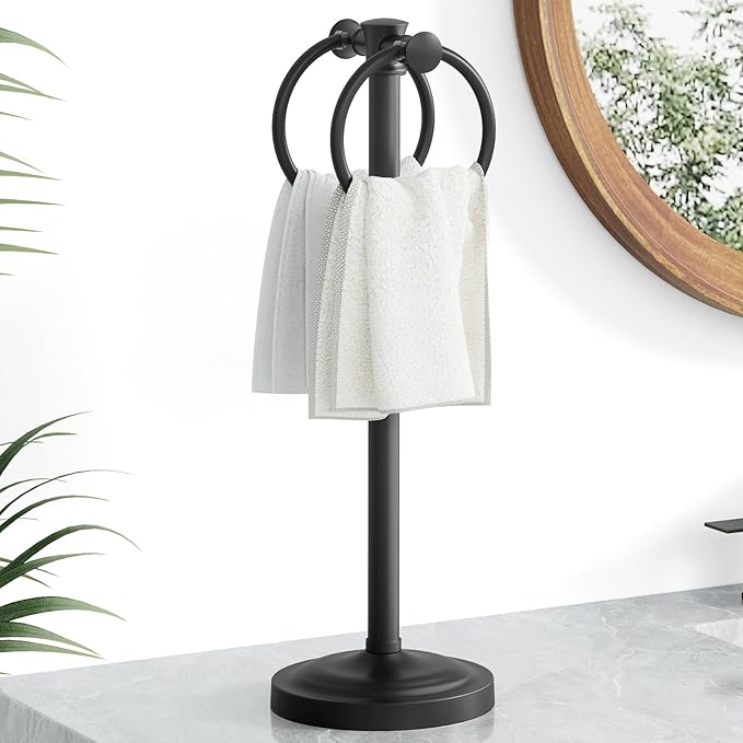 Hoimpro 17" Matte Black Stainless Steel Standing Towel Rack Double Towel Ring Hand Towel Stand Holder, Bathroom Accessories Set Hardware Towel Bar Hanger for Bathroom Vanity and Kitchen Countertops