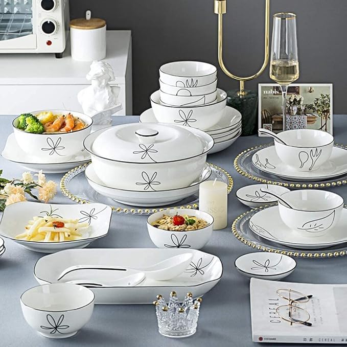 Dinnerware Set Dinner Party Tableware Service Set 60-Pieces Porcelain White Dinnerware Sets - Dinner Plates and Bowls Sets, Ceramic Dishes Set Service for 8/10/12, Creative Dinner Plates(56Pcs)