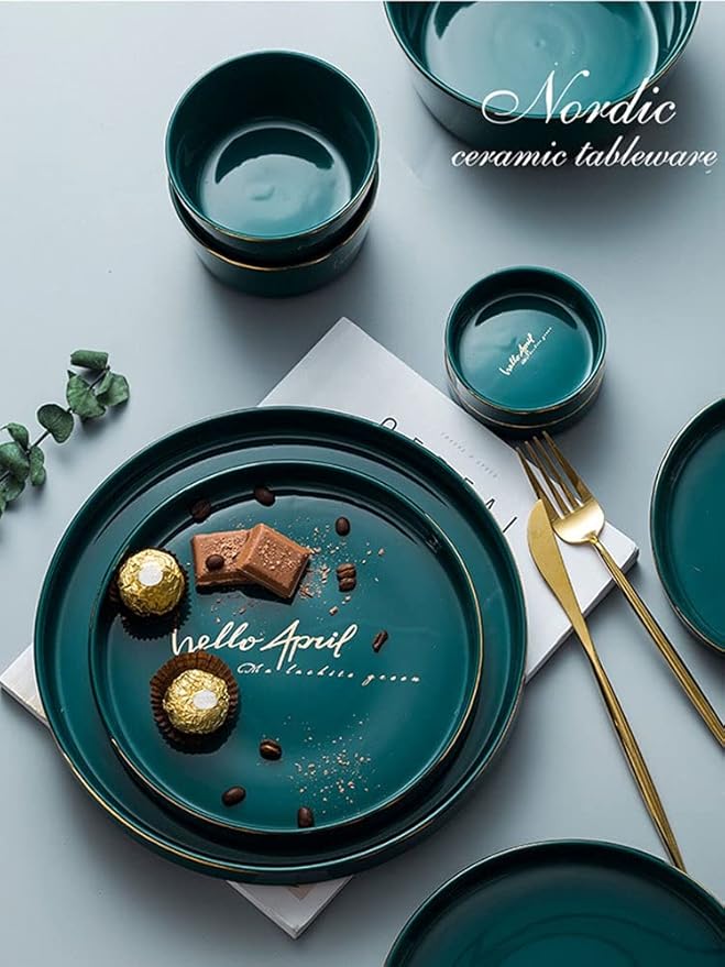 Nordic Dark Green Dinnerware Set Creative European Ceramic Tableware with Bowl Plate Service for 6 (Color : Green white, Size : 26pcs)