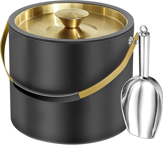3.2L/3.4QT Modern Insulated Ice Bucket with Silicone Lid, Scoop, Strainer, Double Wall Stainless Steel Ice Bucket for Parties & Cocktail Bar,Ideal for Gift(Black)