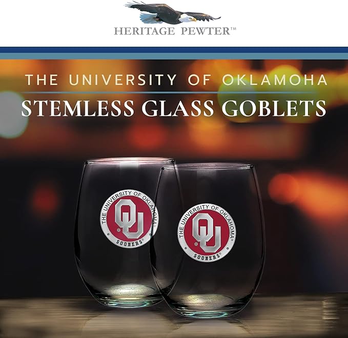 Heritage Pewter Oklahoma Sooners Stemless Glass Goblets – Set of 2 | 15 OZ Goblet Wine Glasses | Expertly Crafted Pewter Glass