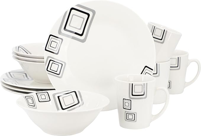 Gibson Home Black Squares 12 Piece Round Fine Ceramic Dinnerware Set in White