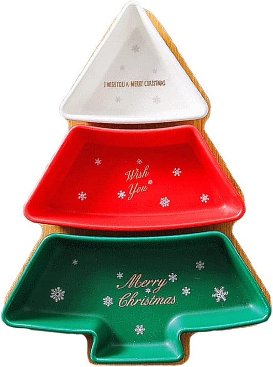 Colorful 11.6 Inches Big Colorful Snack Appetizer Trays Set, Christmas Tree Dessert Serving Dishes, Snack Platter, 3 pcs Removable Porcelain Plates with Bamboo Tree Tray
