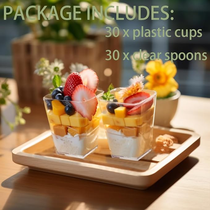 30 Pack 5 oz Square Dessert Cups with Spoons, Clear Plastic Parfait Cups for Party, Mini Serving Shooter Appetizer Cups, Dessert Shot Glasses for Tasting Samples Fruit Ice Cream