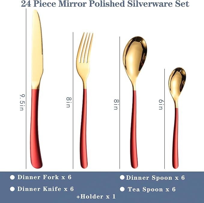 Caliamary 24 Pieces Silverware Set, Stainless Steel Flatware Set with Silverware Holder Spoons Forks Knives Set,Utensils Set Service for 6,Cutlery Set for Kitchen (Red), 9.6inch