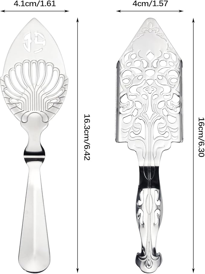 2 Pcs Stainless Steel Absinthe Spoons, Spoon-Vintage Style Absinthe Dripper with 2 Types, Ice Cube Mesh Filter Wormwood Spoon Strainer Spoon for Bar Cocktail Tea Coffee (Silver)