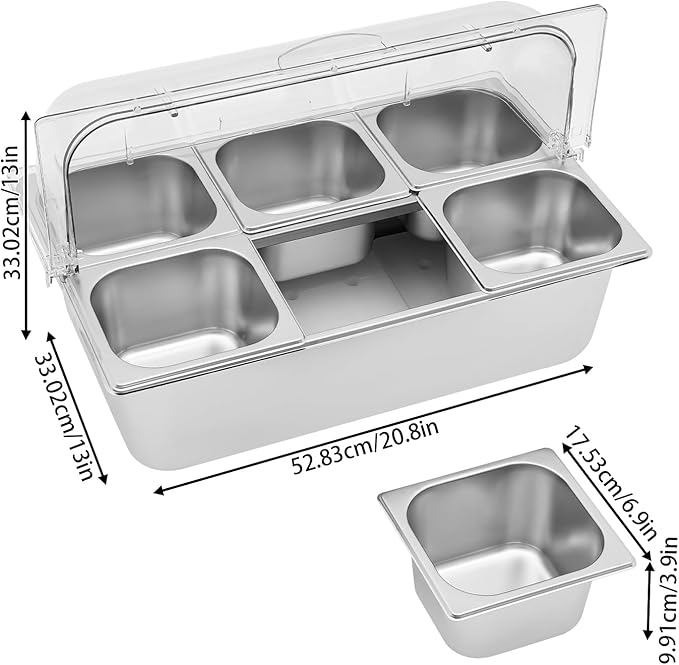 Food Serving Display Container, 2Pcs Countertop Salad Bar with Clear Roll Top Cover, 6-Pan Stainless Steel Food Serving Tray Buffet Condiment Dispenser (12* Spoons+12* Clamps)
