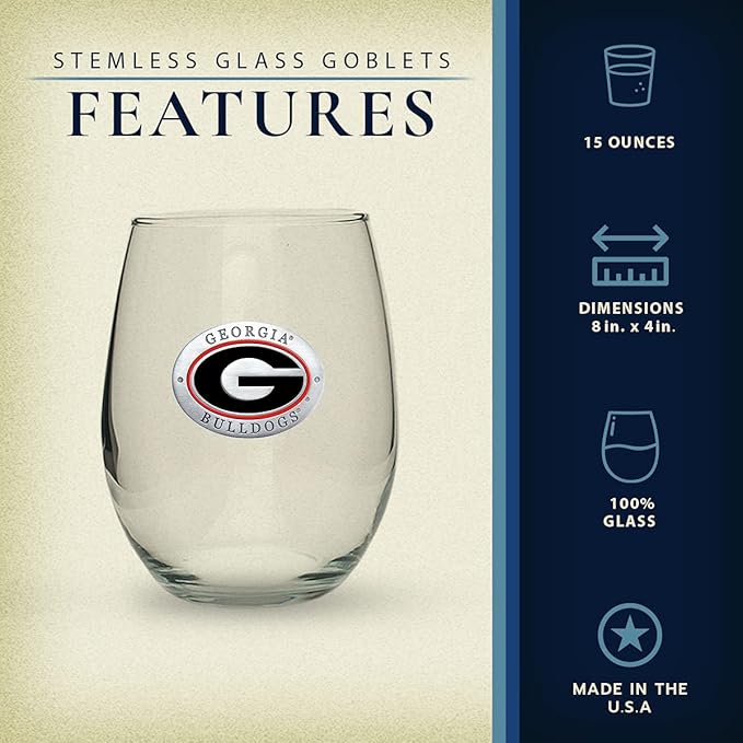 Heritage Pewter Georgia Bulldogs Stemless Glass Goblets – Set of 2 | 15 OZ Goblet Wine Glasses | Expertly Crafted Pewter Glass
