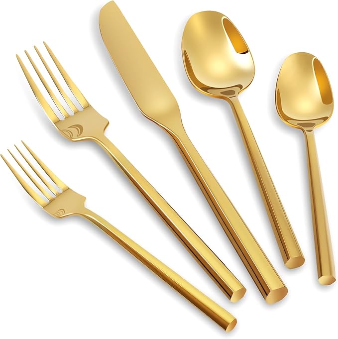 Gold Silverware Set Flatware Set Stainless Steel Cutlery Set 60 Pieces Thick Heavy Hexagon Handle Service for 12