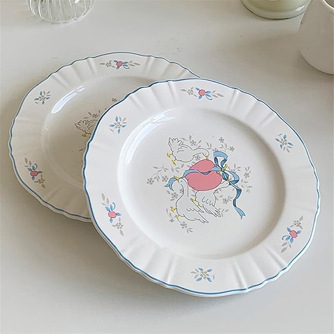 SONGCHAO Party Supplies Retro Ceramic Dinner Plate Blue Edge Ceramic Plate Breakfast Plate Fruit Plate Dessert Plate Home Round Flat Plate Party Plates