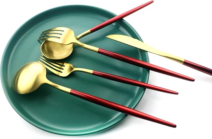 Gugrida 5 Pieces Matte Gold Red Handle 18/10 Stainless Steel Silverware Set, Flatware Set Cutlery Set, Utensils Set for Home Restaurant, Dishwasher Safe (Red Gold)