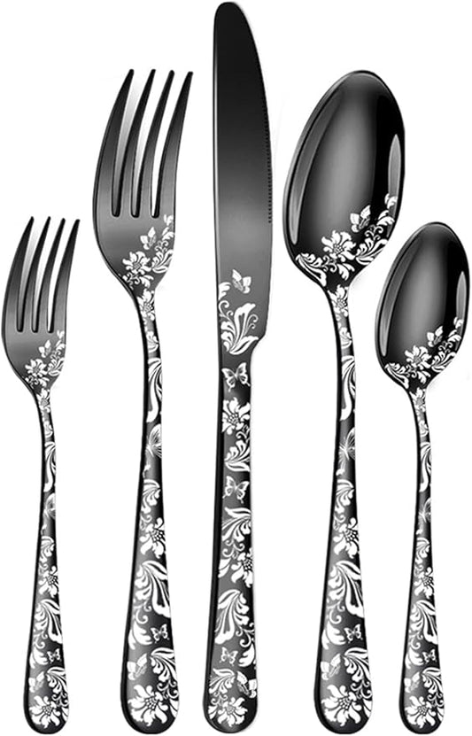 XIAOYU 5 Pieces Silverware Set, Black Flatware Set, Stainless Steel Mirror Polished Cutlery Set, Spoons Forks Knives Set with Unique Floral Laser, Black