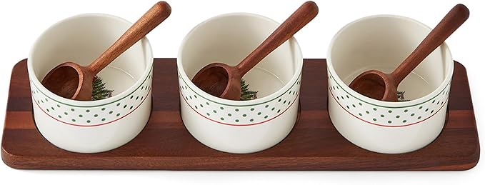 Spode Christmas Tree Condiment Set - 7 Piece Holiday Serveware Set - Ceramic Dip Bowls, Spoons, Serving Tray Included - Appetizers, Sauces, and Snacks - Polka Dot, Festive Entertaining