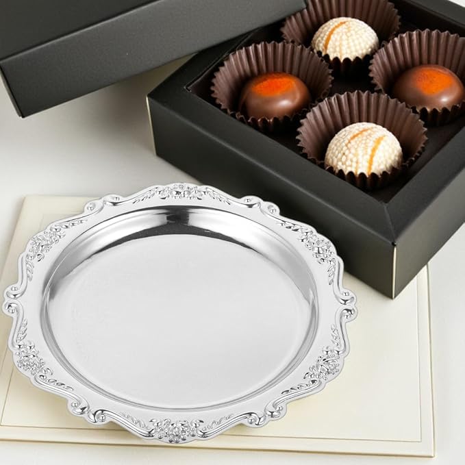 Vintage Decorative Serving Tray - Small Metal Jewelry Dish - 6-inch Metal Jewelry Display Tray - Ornate Snack Appetizer Platter - Round Party Food Display Plate - Vanity Tabletop Organizer