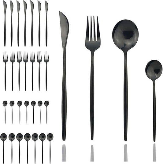 JASHII 32 Piece Titanium Black Plated Stainless Steel Flatware Set, Black Cutlery Set, Black Silverware Set, Service for 8 (Black Full)