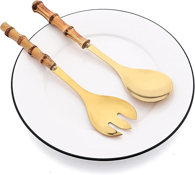 4 Piece Bamboo Handle Serving Set Utensils, 304 Stainless Steel Long Hanlde Serving Fork Spoon For Kitchen Buffet Banquet Wedding Party Cooking (4 Forks, Gold)