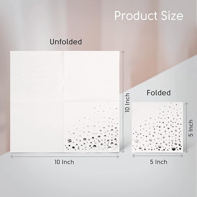 Stylish Silver & White Cocktail Napkins - 100 Disposable 5x5 Inch Wedding Napkins