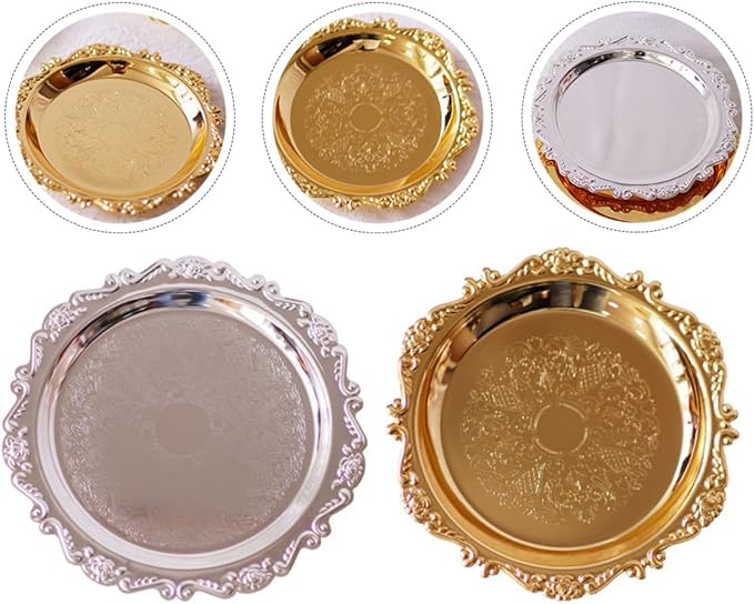 2 Pcs Stainless Steel Food Serving Trays Fruit Plates Dessert Platters Bread Trays Silver and Gold Metal Serving Dishes for Wedding Hotel Party
