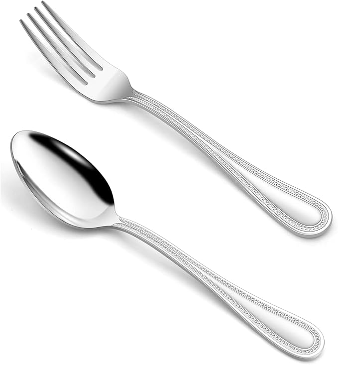 HaWare 24-Piece Forks and Spoons Silverware set, Stainless Steel Flatware with Pearled Edge for Home/Kitchen, Include 12 Dinner Forks(7.9in) and 12 Dinner Spoons(7.9in), Dishwasher Safe