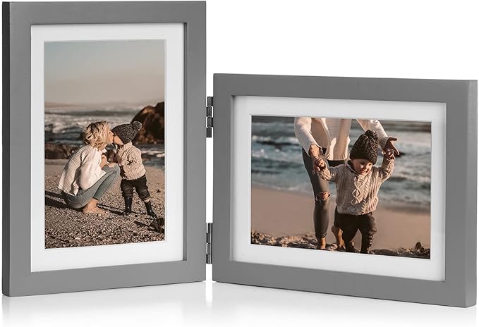 5X7 Double Wooden Hinged Picture Frame Vertical and Horizontal in Gray, Display 4x6 with Mat or 5x7 without Mat, Folding Photo Frame with Real Glass Front for Tabletop P-HUI-SH57