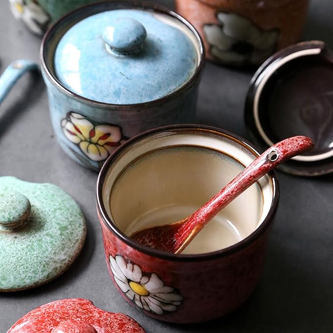 Handmade Ceramic Sugar Bowl with Lid and Spoon, 9oz Porcelain Condiment Jar with Hand-Painted Floral Design, Colorful Seasoning Container for Sugar, Salt, Spices Kitchen (Red)