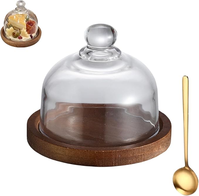 Mini Glass Dessert Display Stand with Dome Lid, Round Serving Tray with Clear Glass Cover, Small Cake and Cheese Display for Tabletop Use (brown)