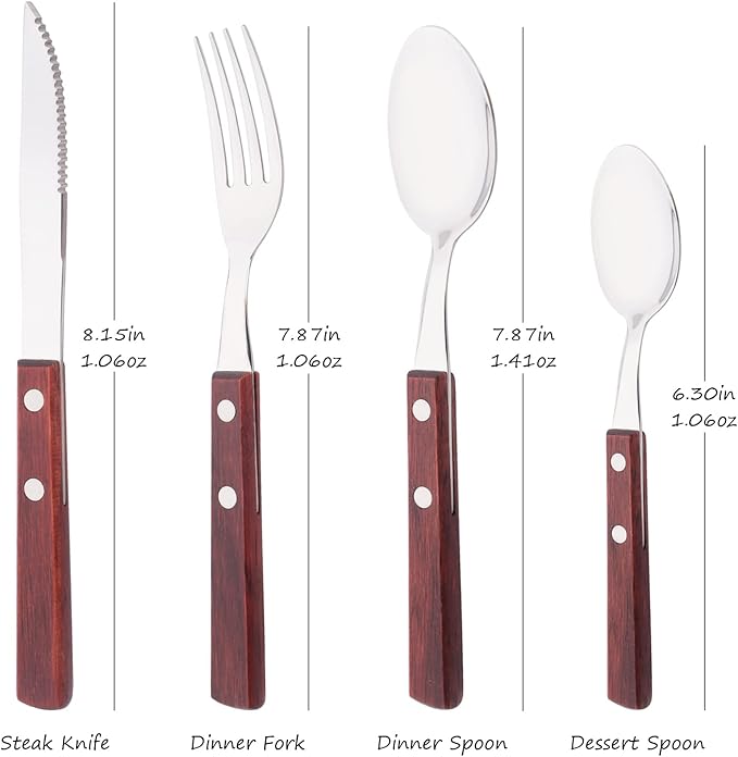Silver Flatware Cutlery Set with Red Wood Handle, 18/8 (304) Stainless Steel Silverware Set, Include Forks Spoons and Knives, Mirror Poolished, 16-Piece (4 sets)