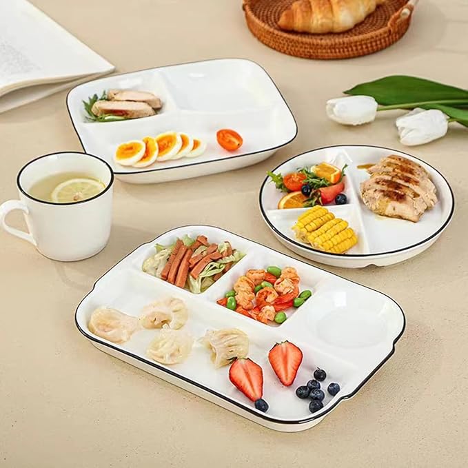 Large White Dinner Plates Ceramic Divided Plate 12 Inch 4 Compartment Porcelain Portion Control Plate for Adults Bariatric Diet - Microwave, Oven, and Dishwasher Safe