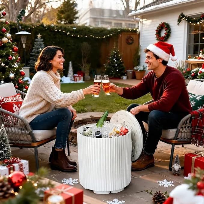 FONTOI Outdoor Cooler Side Table, 2 in 1 Ice Chest Side Table,as Cooler Side Table,Cooler Table for Patio, Parties Picnics, Beach,White