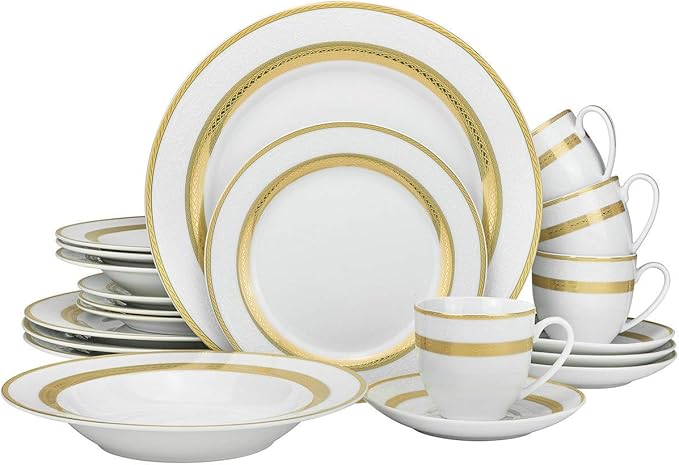 Royalty Porcelain "Queen" 20-Piece White & Gold Dinnerware Set, 24K Gold-Plated Fine Porcelain, Service for 4