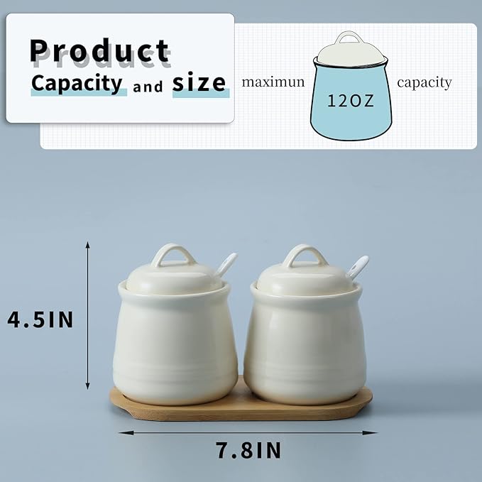 HAOTOP Ceramic Sugar Bowl 2 Pack, PorcelainJar with Tray, Spoon and Lid for Sugar, Pepper, Coffee, Spice, Salt, 12 Ounces (Beige)