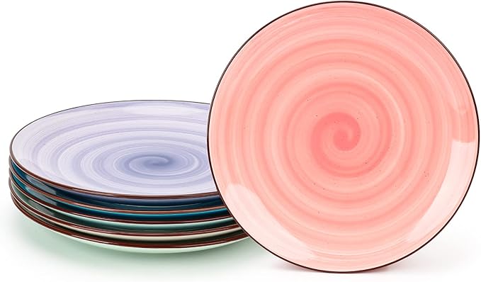KitchenTour Large Ceramic Dinner Plates, 10 Inch Porcelain Serving Plate for Salad, Dessert Pizza Steak Pasta Plates Set, Dishwasher and Microwave Safe - Set of 6, Assorted Warm Colors