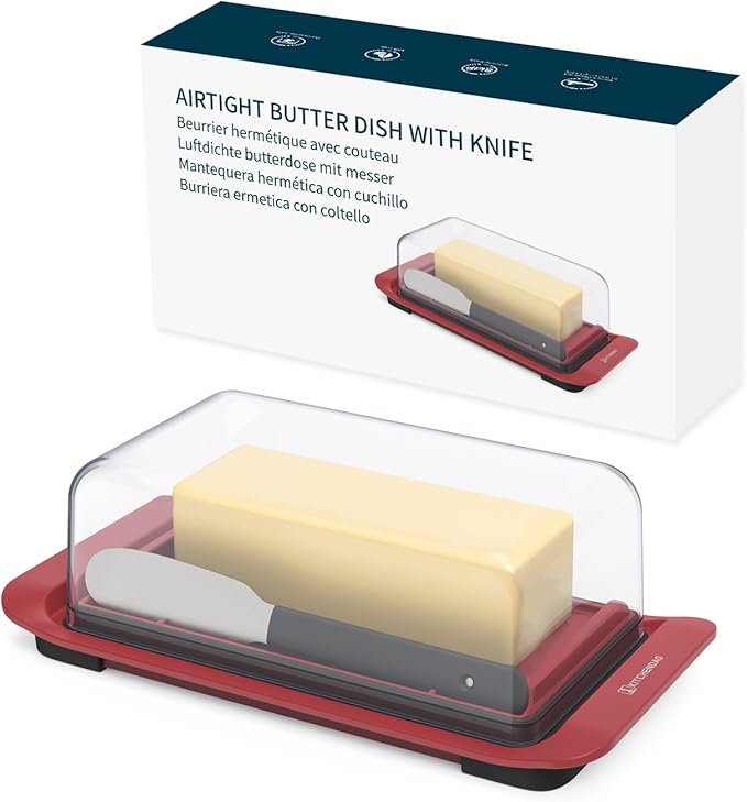 KITCHENDAO Airtight Butter Dish with Lid and Knife, Plastic Butter Holder for Countertop and Refrigerator, Keep Butter Fresh-Easy Scoop-Dishwasher Safe, Butter Tray for West/ East Coast Butter, Red