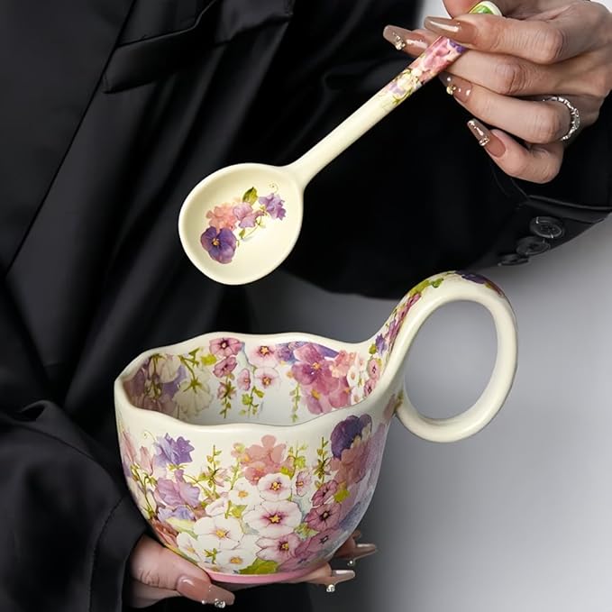 16.91oz/500ml Handpainted Soup Bowl with Handle,Ceramic Cereal Bowl Microwave & Dishwasher Safe,Loop Handle Bowl Great for Soup,Yogurt,Snack,Chip,Stew,Ice Cream,Coffee (Hollyhock-Yellow)