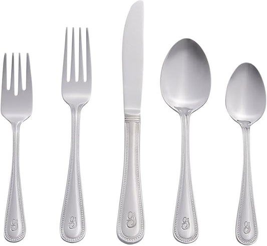 RiverRidge Monogrammed Beaded Flatware Set - G - 46-Piece Silverware with Custom Letter Stamp, 18/0 Stainless Steel Utensils Set for Daily Use & Special Occasions - Dishwasher Safe, Versatile Design
